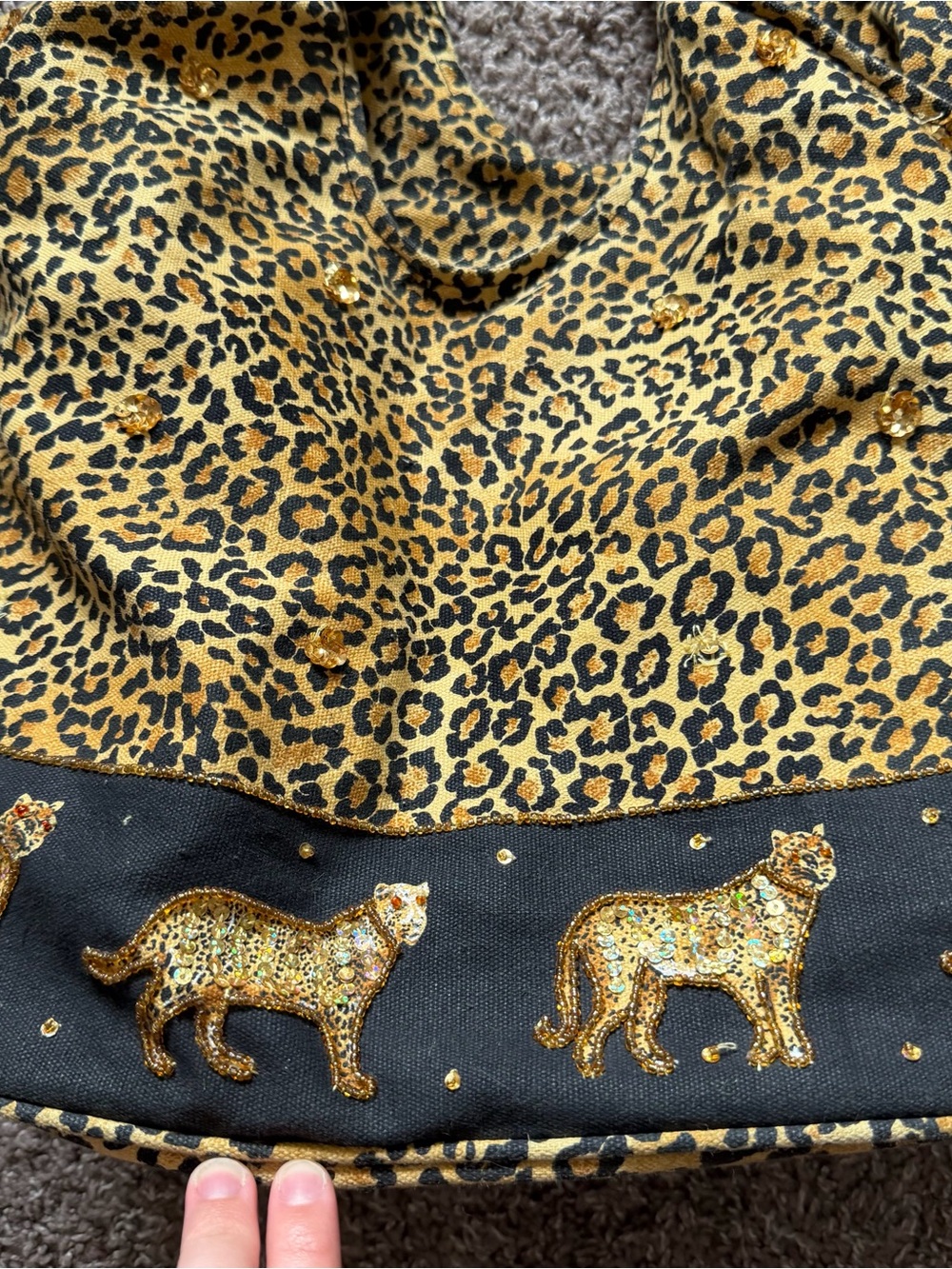 Rare Vintage Leopard Print Sequin Tote Bag With Wooden Charms - Picture 2 of 7